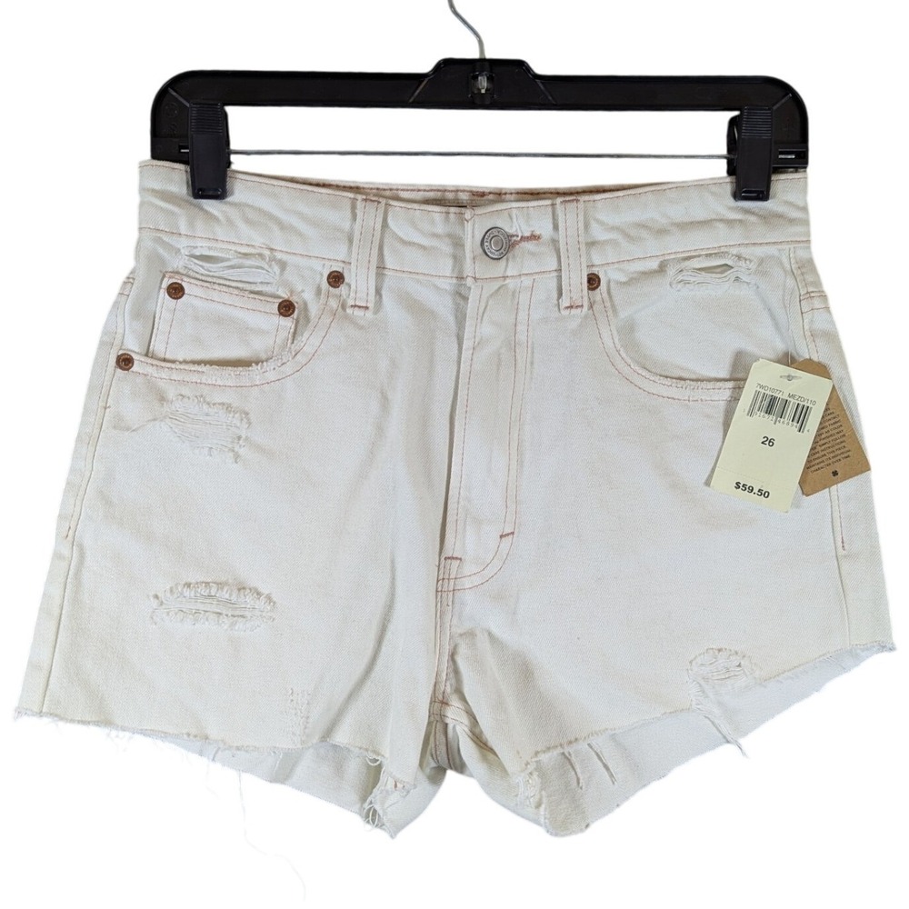 Lucky Brand Bermuda‎ Shorts High Rise Distressed Raw Hem White Denim Size 26 NWT